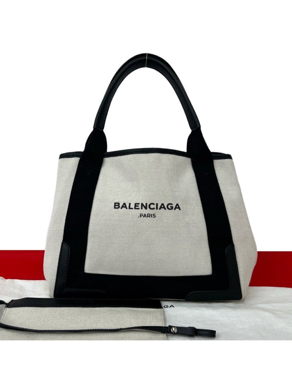 Balenciaga Navy Cabas Canvas Leather Handbag Mini Tote Black Ivory